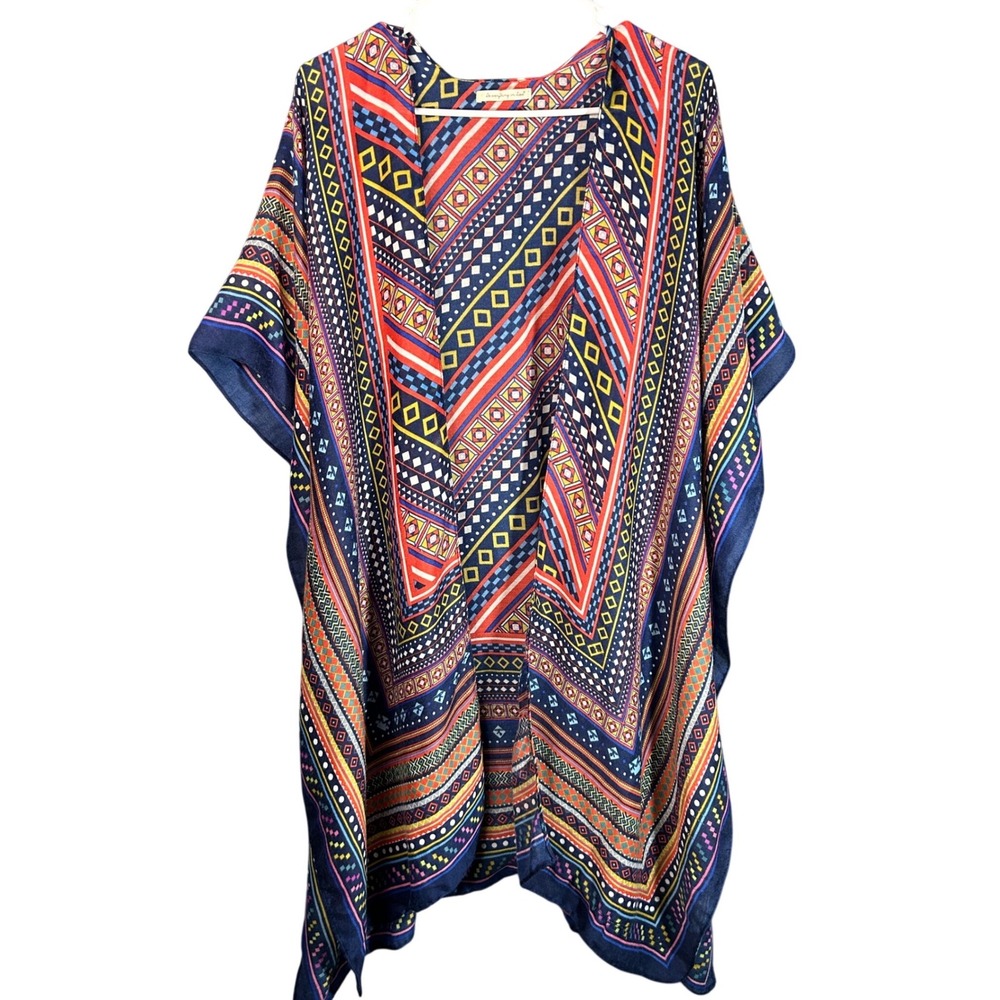 Do Everything in Love Kimono Wrap Geometric Tribal Print Navy Red One Size OS